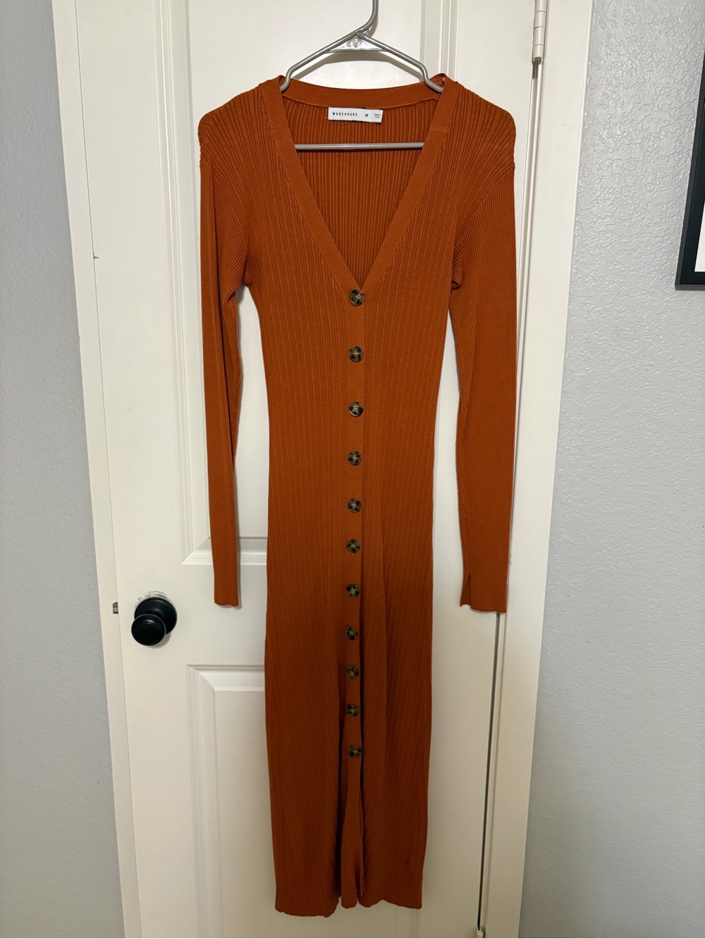 Warehouse Ribbed Button-Front Maxi Dress in Rust